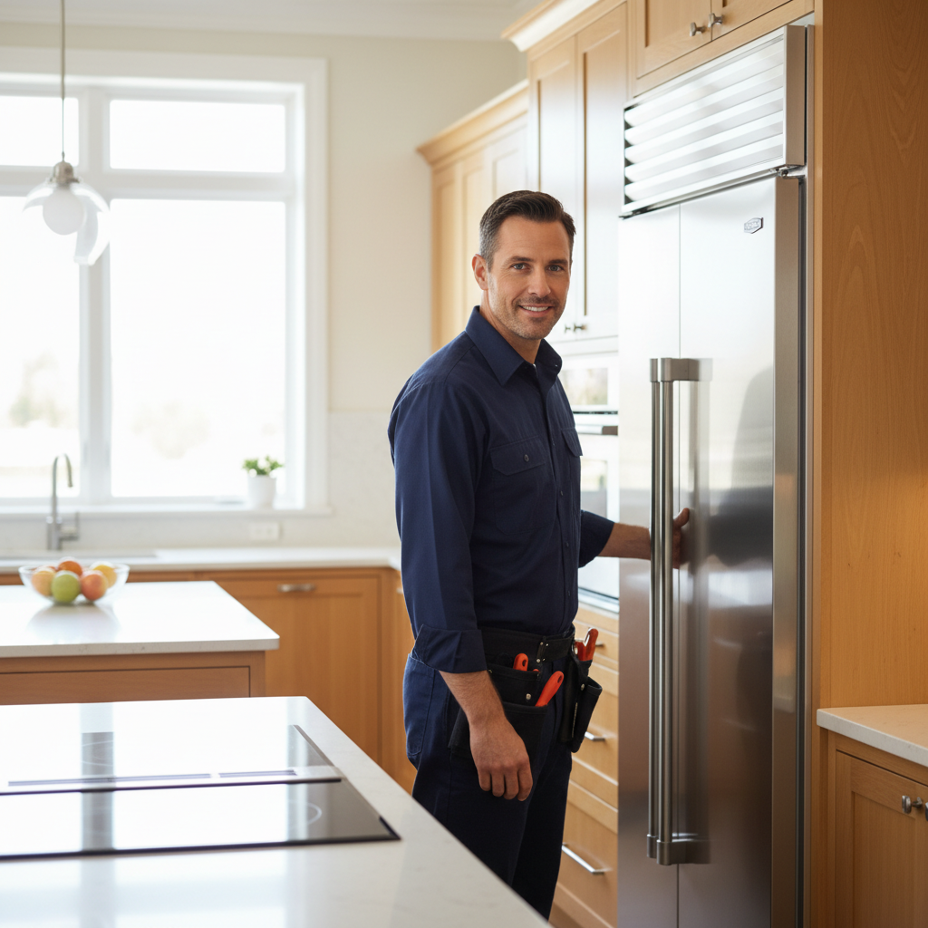 Professional appliance repair technician working in a premium home