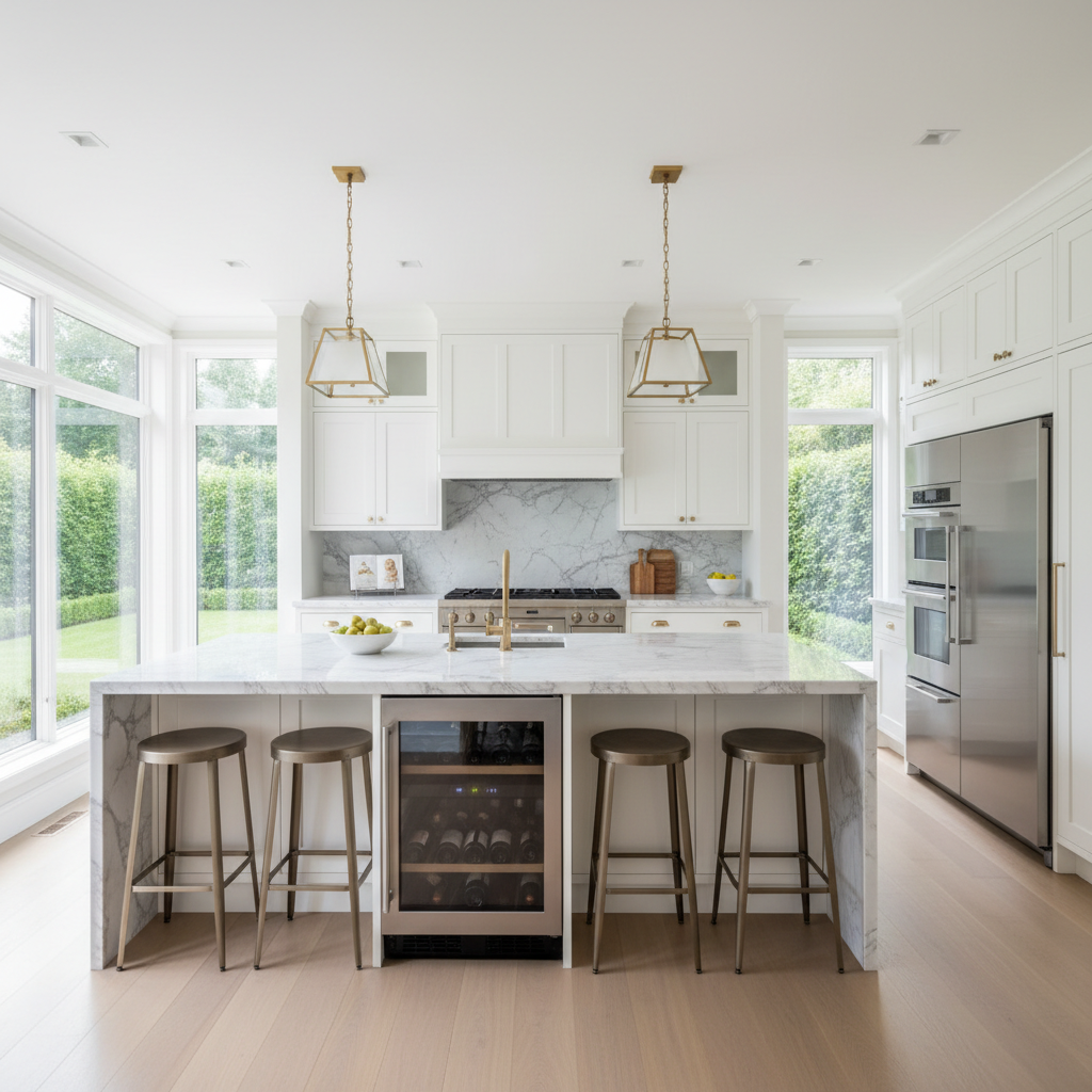 Luxury modern kitchen with built-in Miele-style appliances